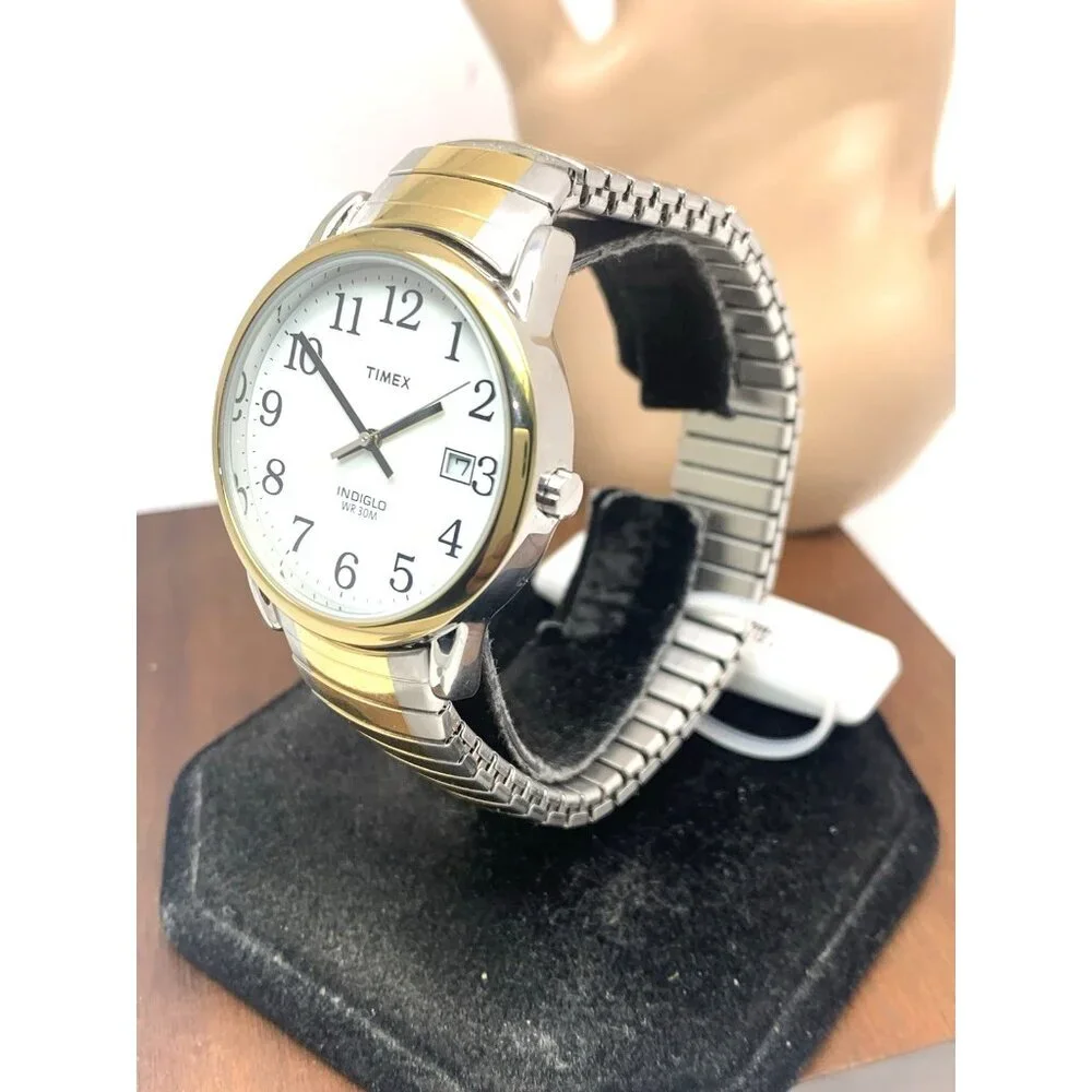 Timex Men's Watch T2H311 Indiglo White Dial Quartz Two Tone Expansion Band 35mm